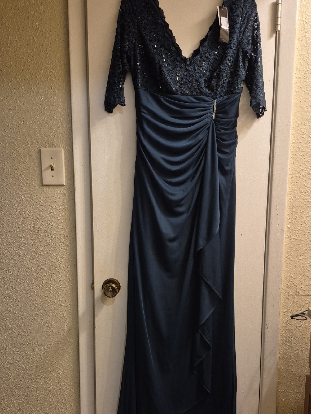Betsy & Adam Deep Navy Lace Bodice Satin Gown